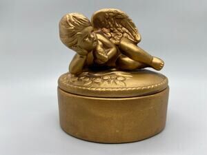 Vintage Ceramic Gold Toned Angel Cherub Trinket Box Jewelry Box Valentines Day